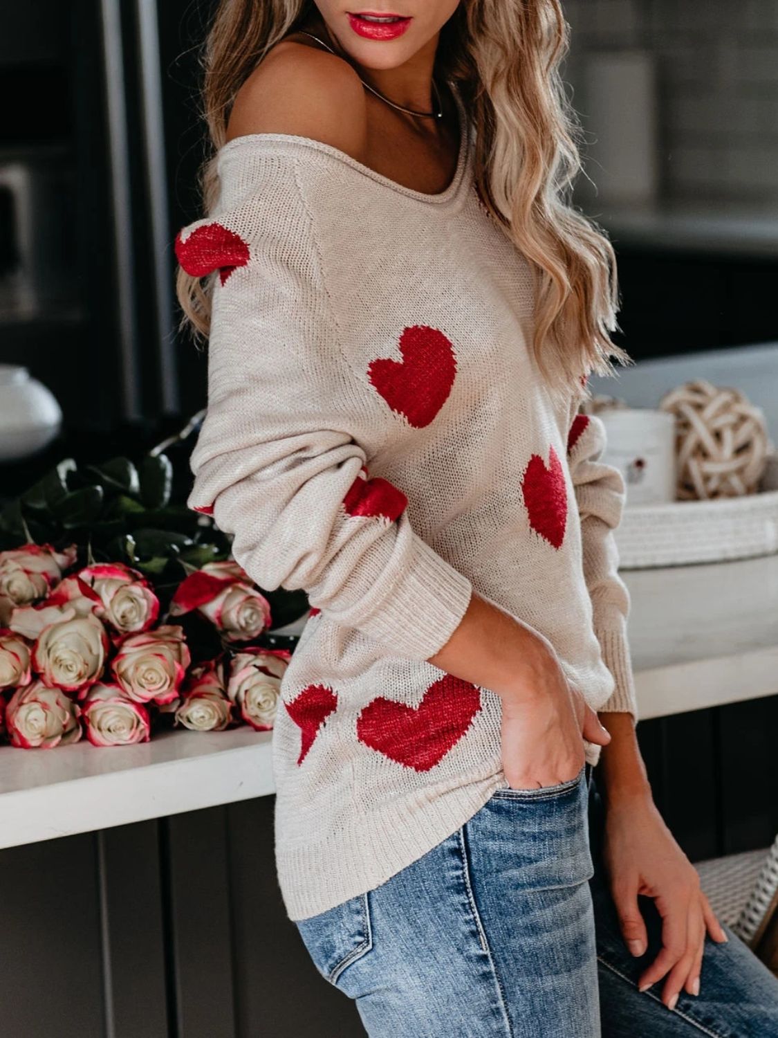 Heart Scoop Neck Long Sleeve Sweater - EMMY