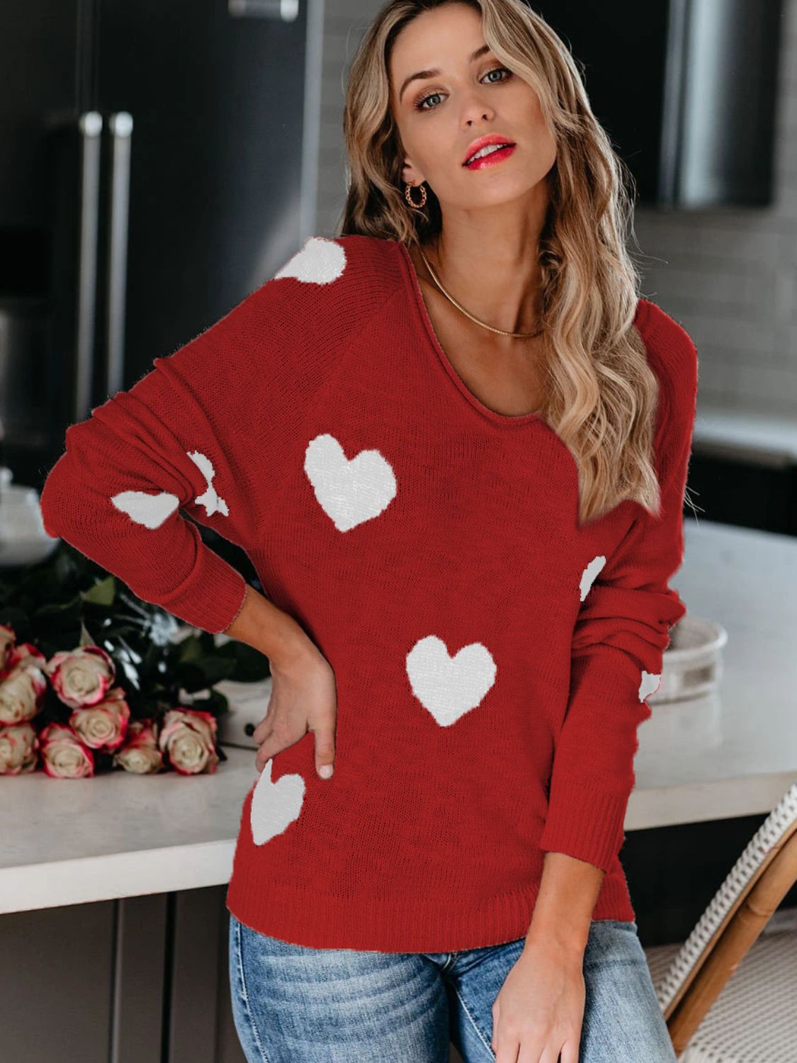 Heart Scoop Neck Long Sleeve Sweater - EMMY