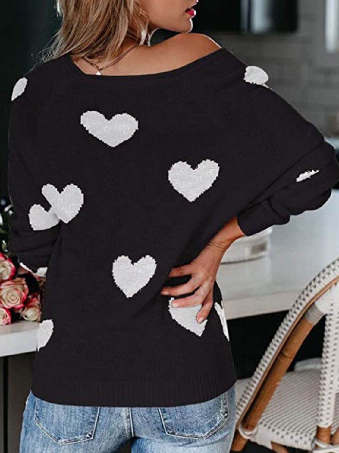 Heart Scoop Neck Long Sleeve Sweater - EMMY