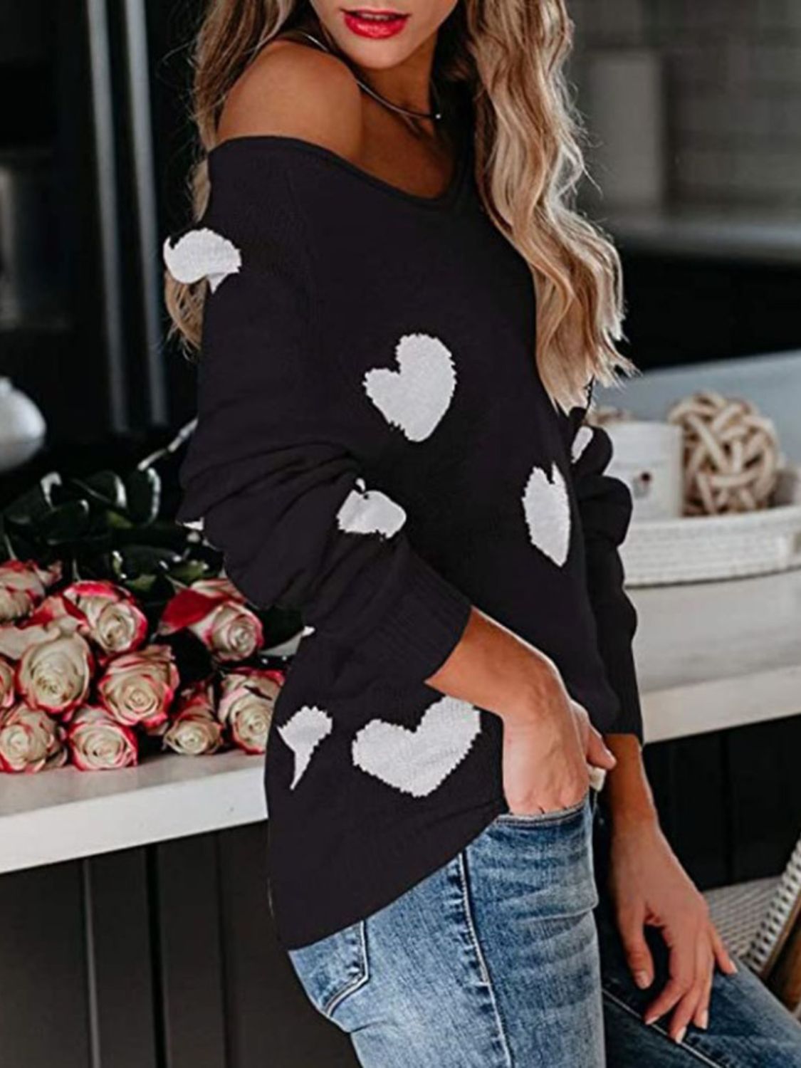 Heart Scoop Neck Long Sleeve Sweater - EMMY