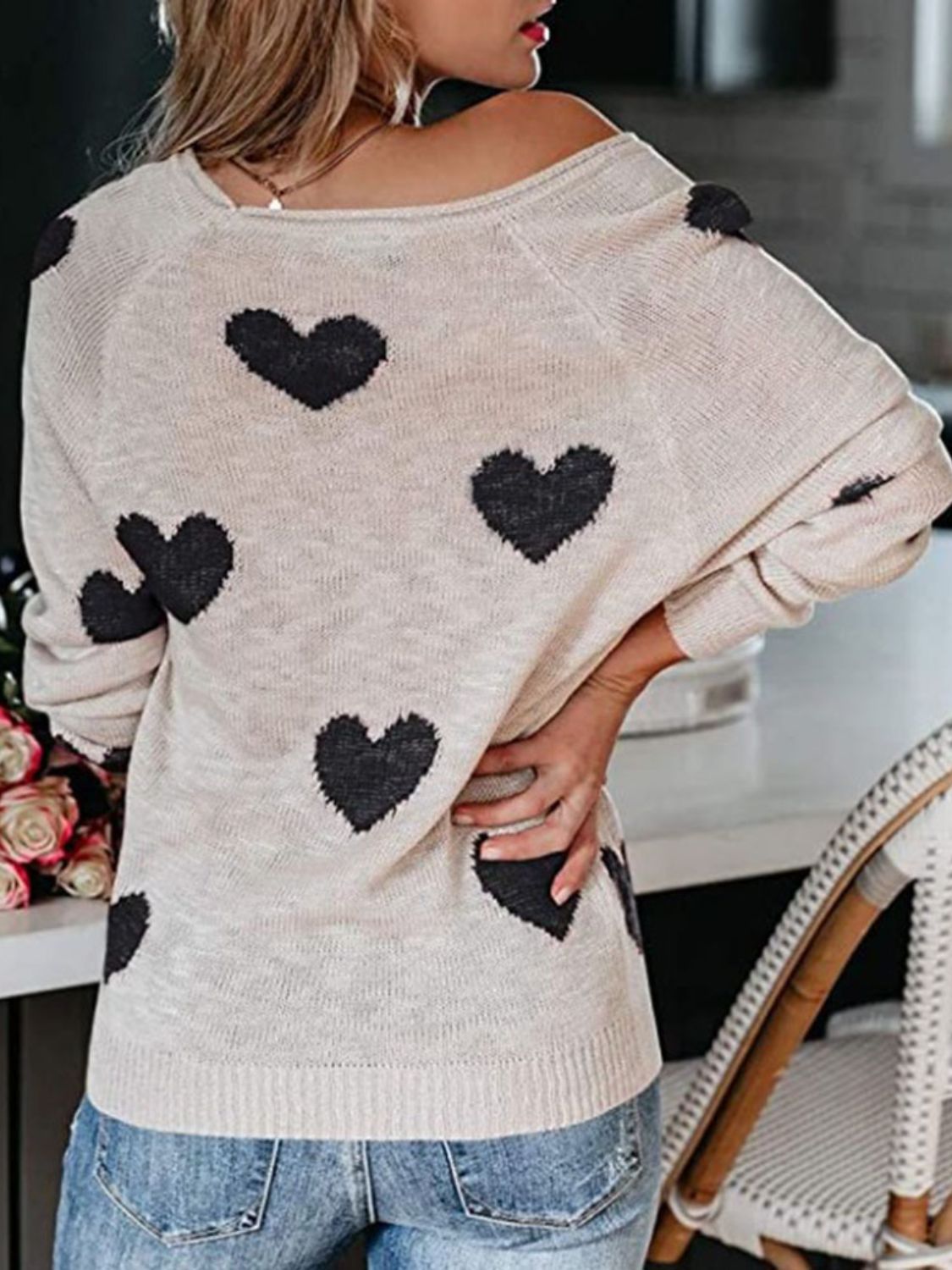 Heart Scoop Neck Long Sleeve Sweater - EMMY