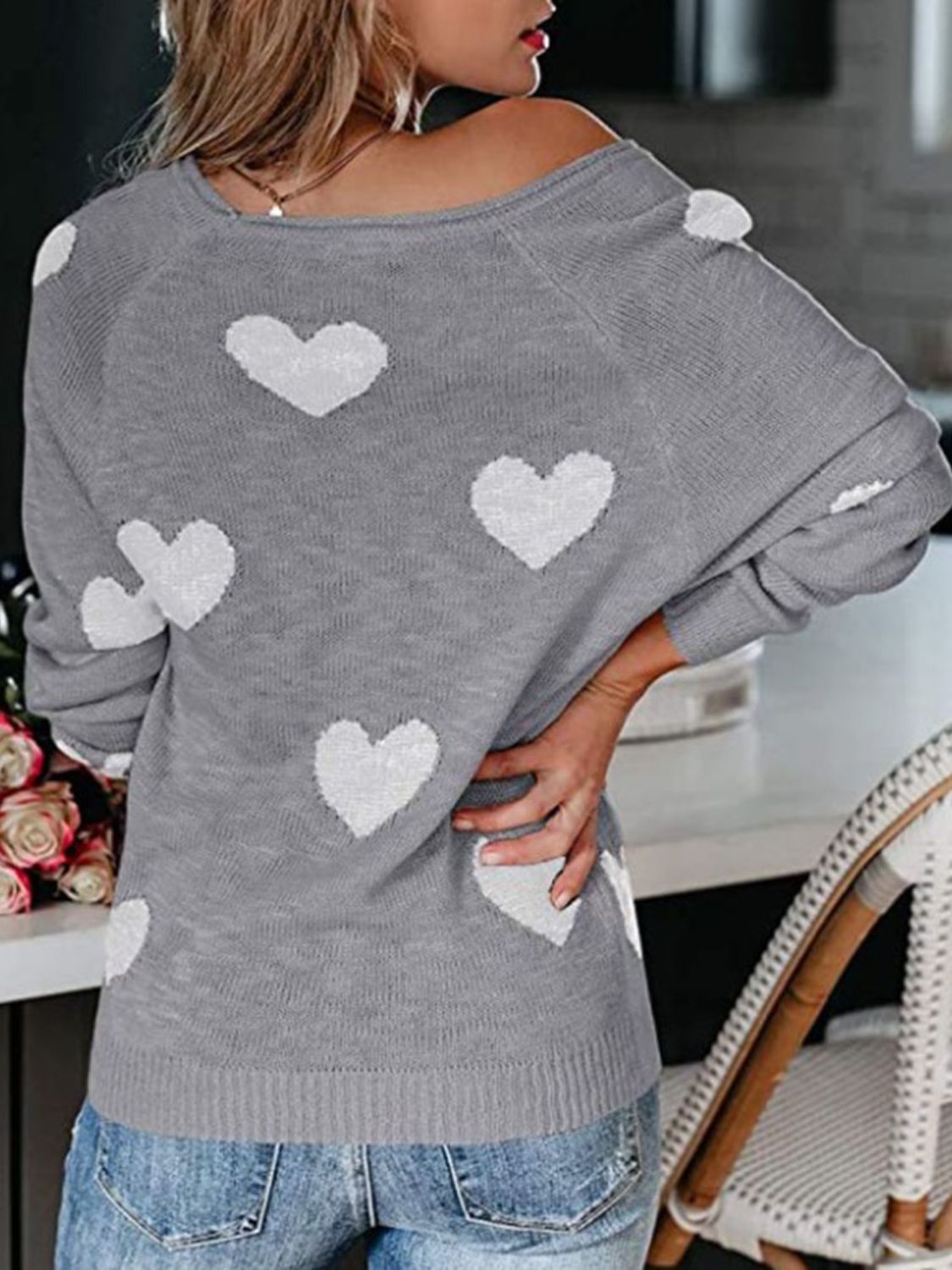 Heart Scoop Neck Long Sleeve Sweater - EMMY