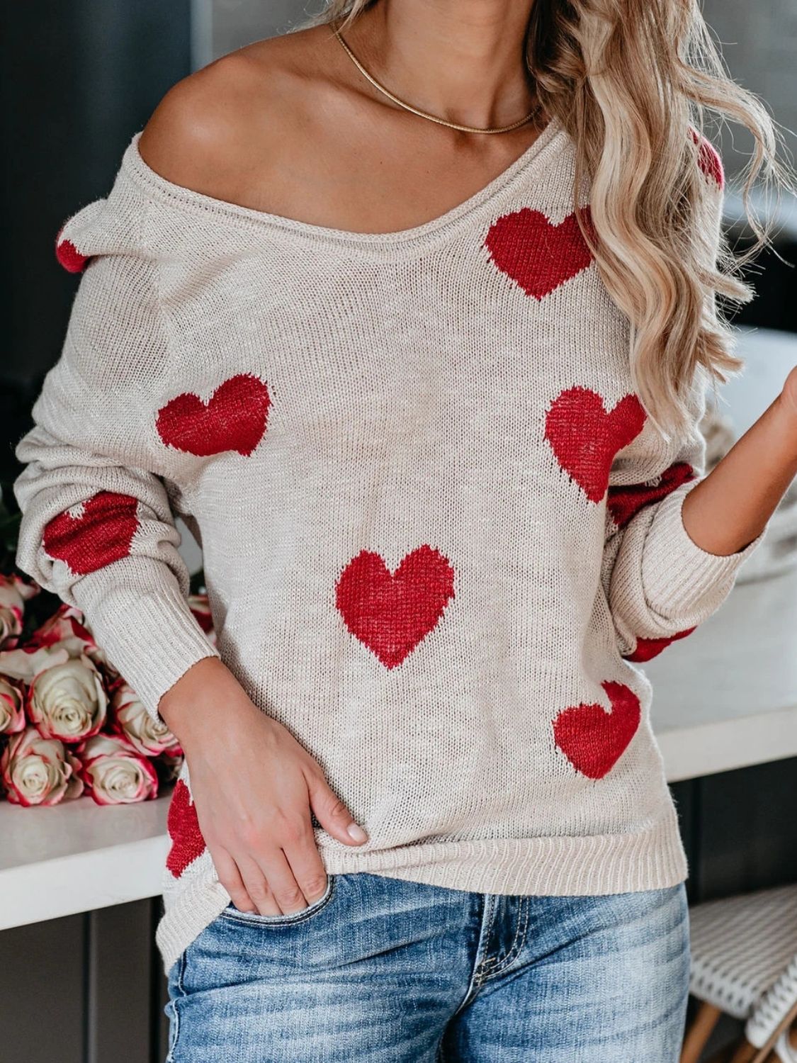 Heart Scoop Neck Long Sleeve Sweater - EMMY