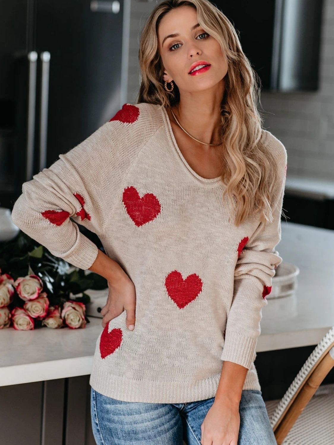 Heart Scoop Neck Long Sleeve Sweater - EMMY