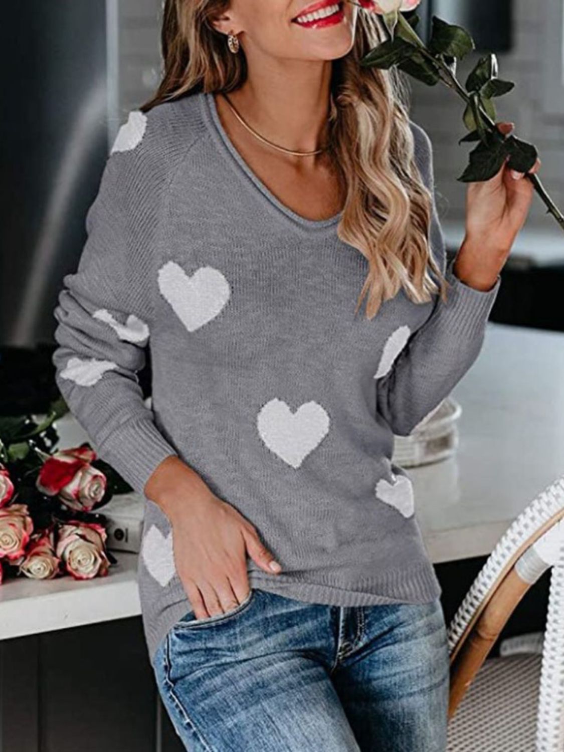 Heart Scoop Neck Long Sleeve Sweater - EMMY