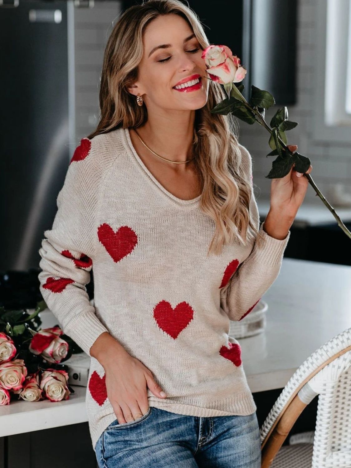 Heart Scoop Neck Long Sleeve Sweater - EMMY