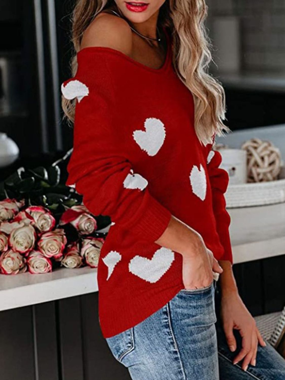 Heart Scoop Neck Long Sleeve Sweater - EMMY