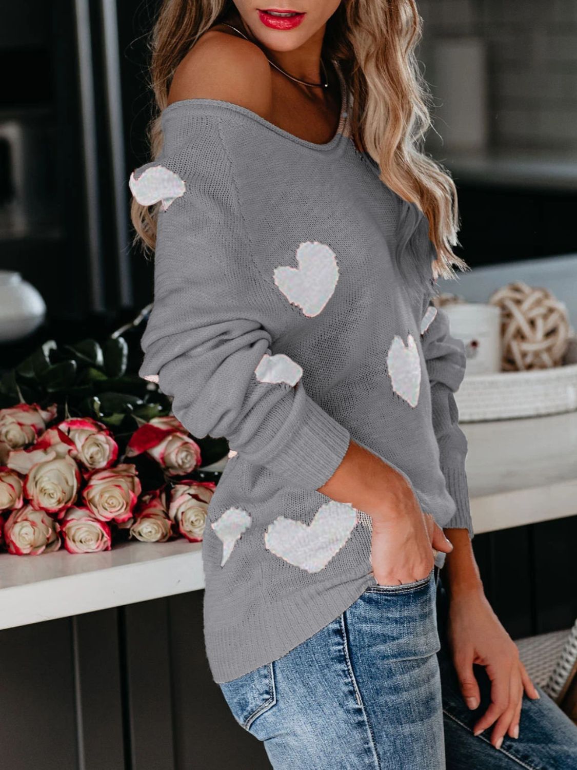 Heart Scoop Neck Long Sleeve Sweater - EMMY