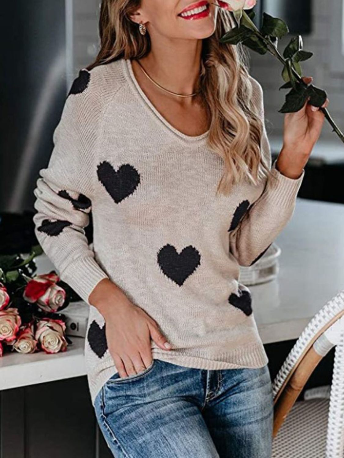 Heart Scoop Neck Long Sleeve Sweater - EMMY