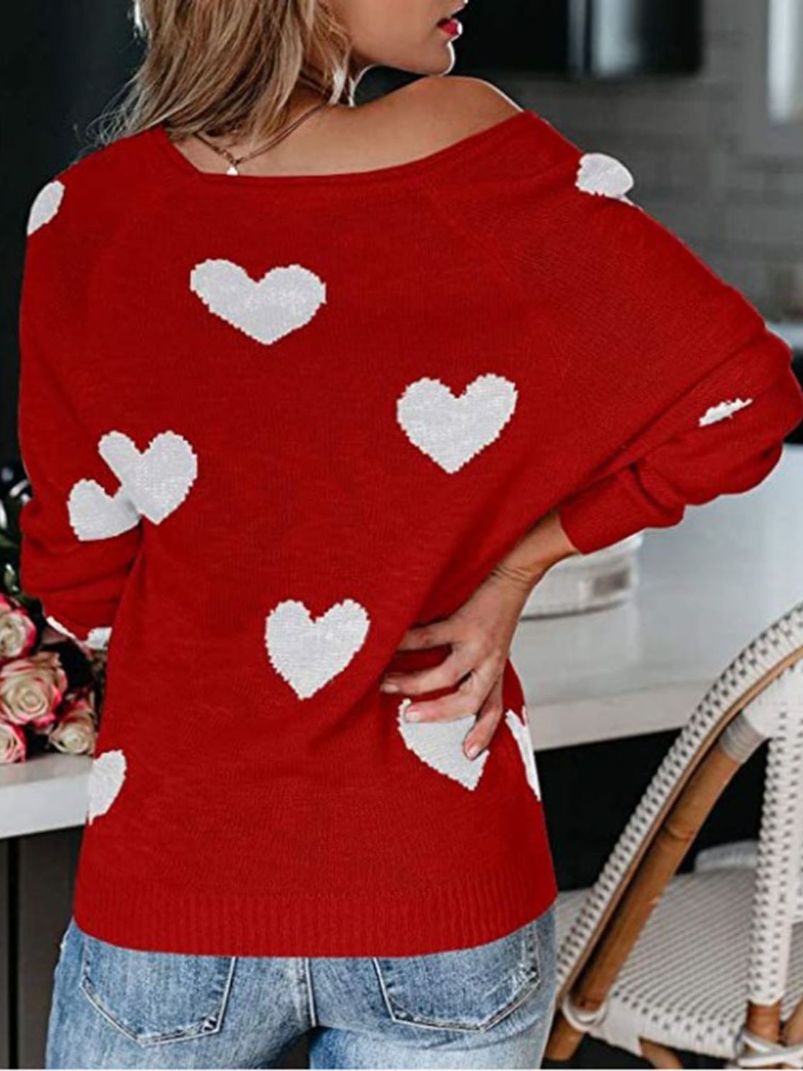 Heart Scoop Neck Long Sleeve Sweater - EMMY