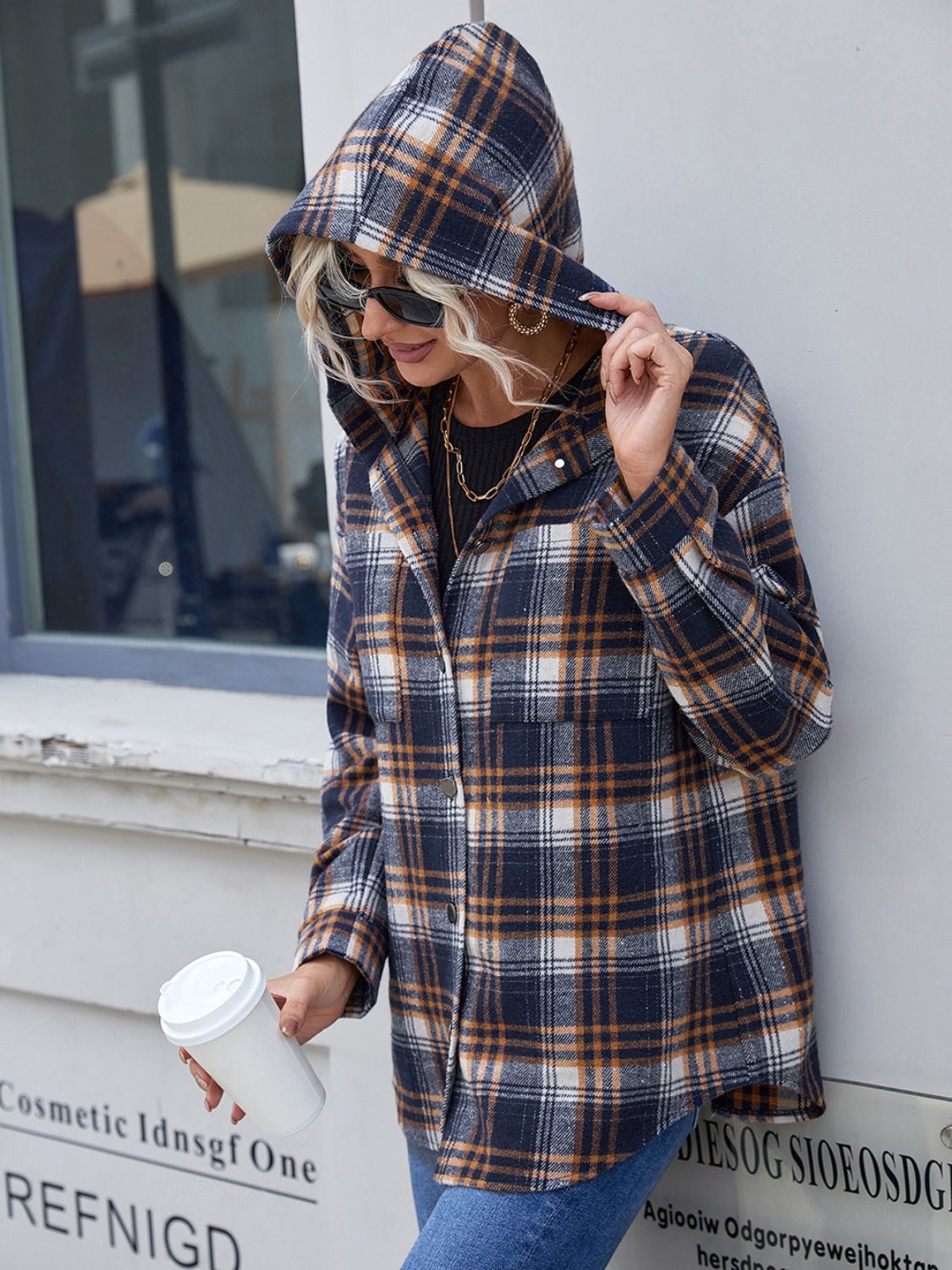 Ivy Lane Plaid Button Up Long Sleeve Hooded Jacket - EMMY