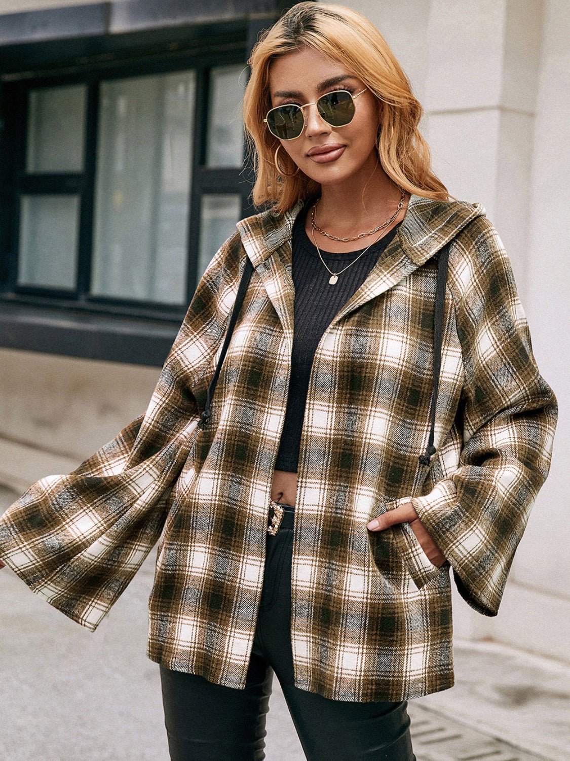 Ivy Lane Pocketed Plaid Long Sleeve Hooded Jacket - EMMY