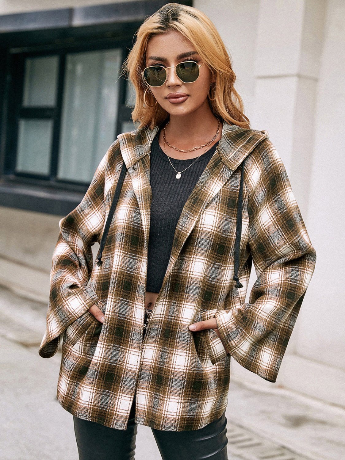 Ivy Lane Pocketed Plaid Long Sleeve Hooded Jacket - EMMY