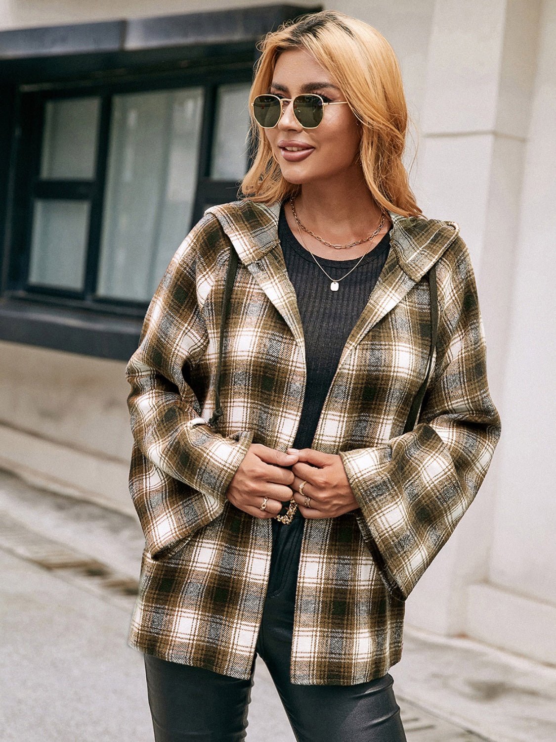 Ivy Lane Pocketed Plaid Long Sleeve Hooded Jacket - EMMY