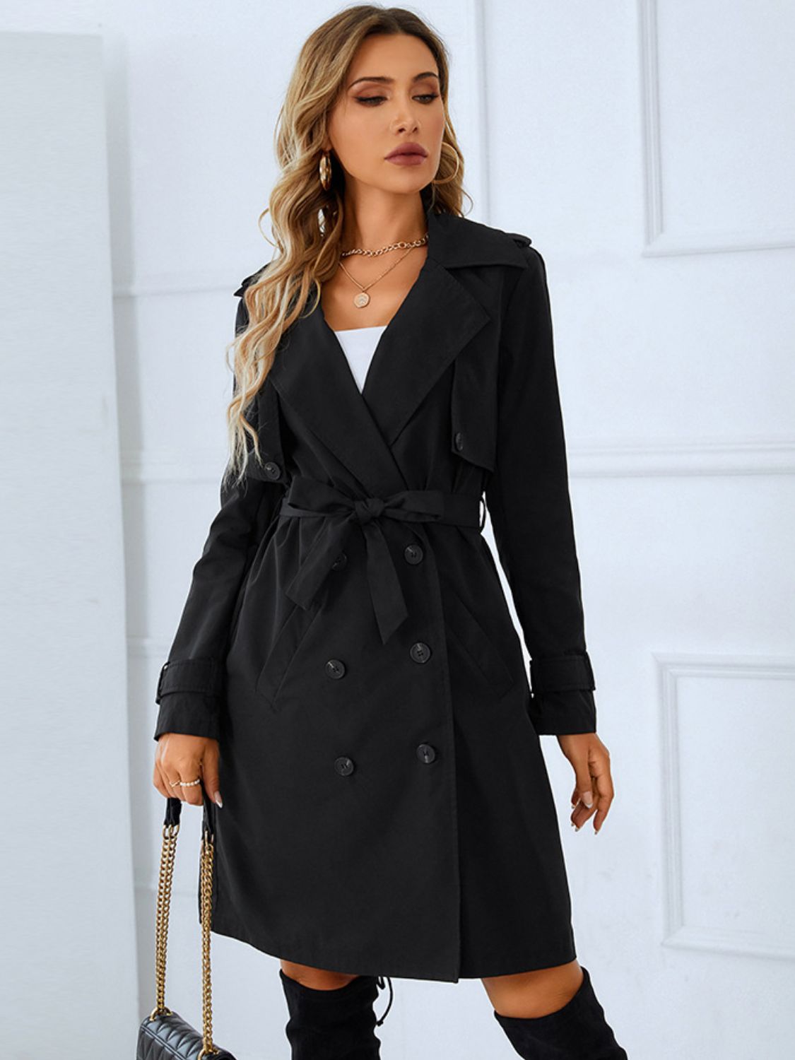 Lapel Collar Tie Belt Double - Breasted Trench Coat - EMMY