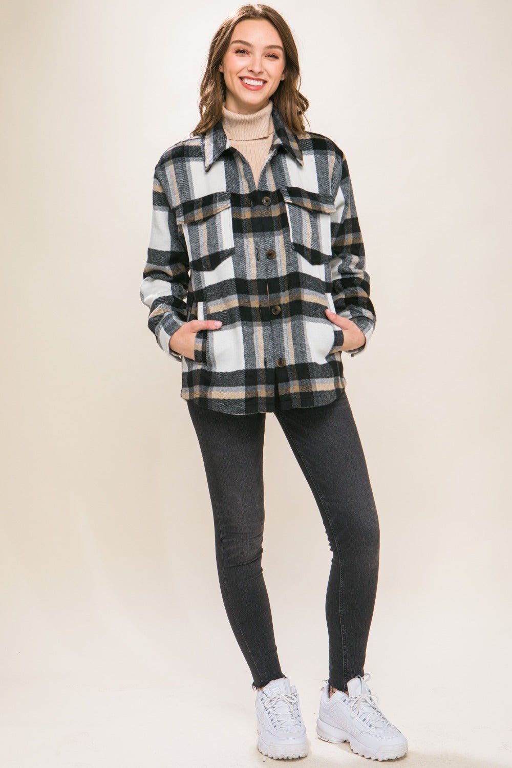 Love Tree Plaid Button Up Shacket - EMMY