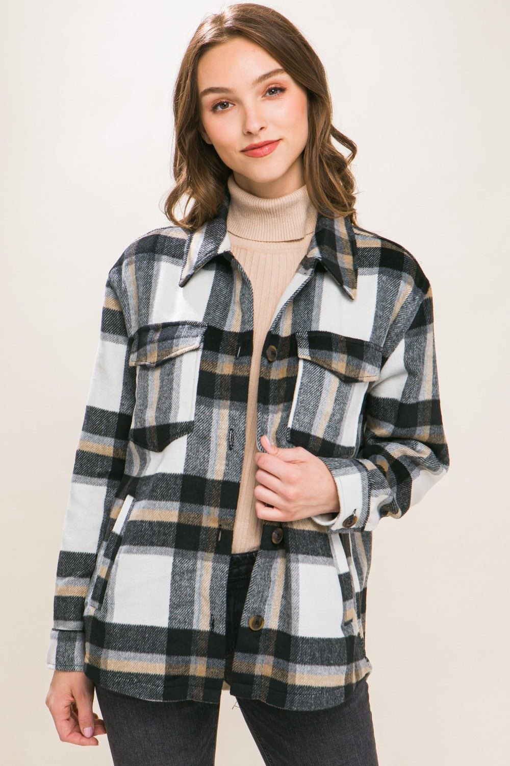 Love Tree Plaid Button Up Shacket - EMMY