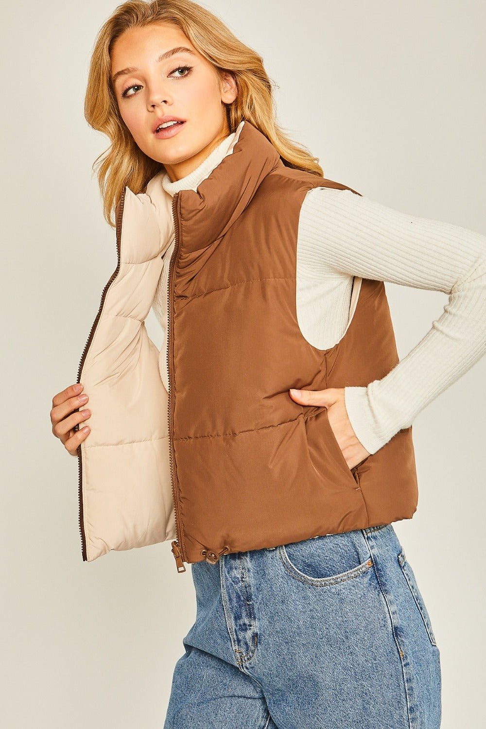 Love Tree Zip Up Cropped Contrast Reversible Vest - EMMY