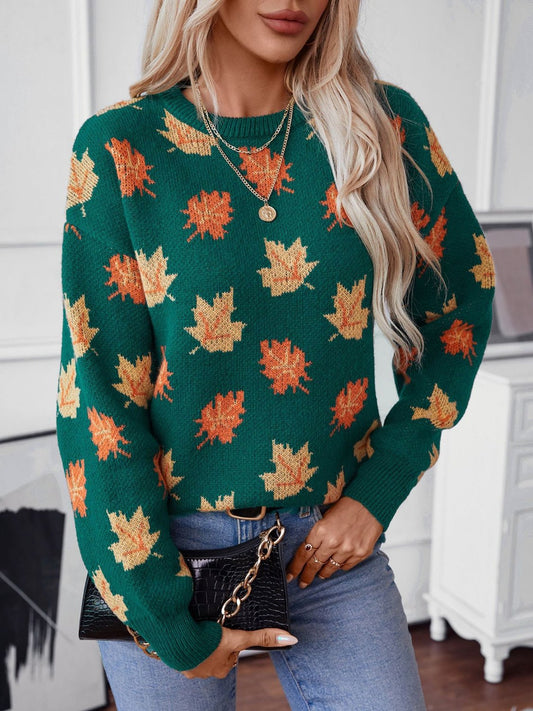 Maple Leaf Round Neck Long Sleeve Sweater - EMMY