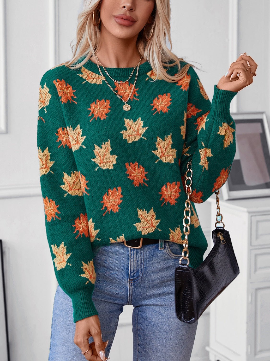 Maple Leaf Round Neck Long Sleeve Sweater - EMMY