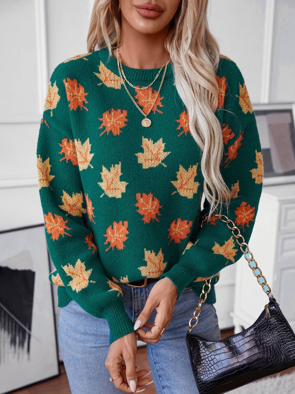 Maple Leaf Round Neck Long Sleeve Sweater - EMMY