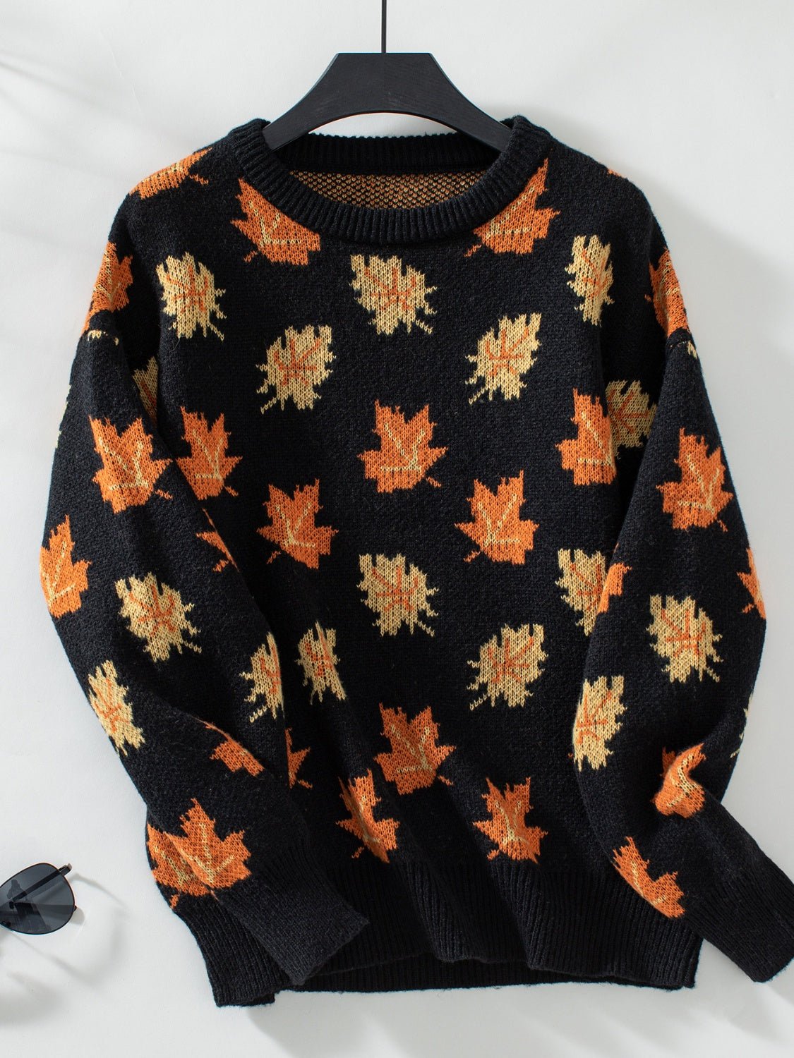 Maple Leaf Round Neck Long Sleeve Sweater - EMMY