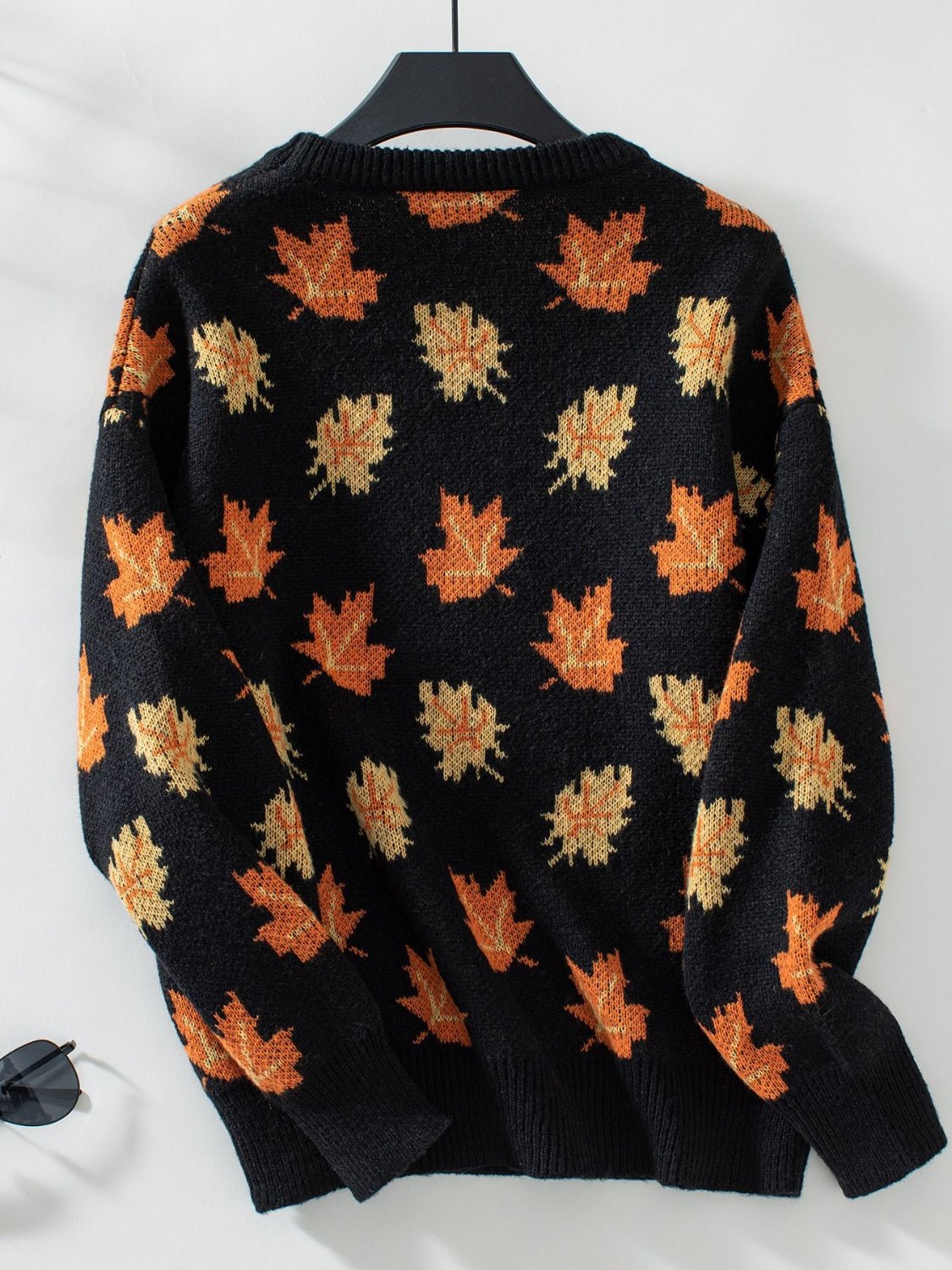 Maple Leaf Round Neck Long Sleeve Sweater - EMMY