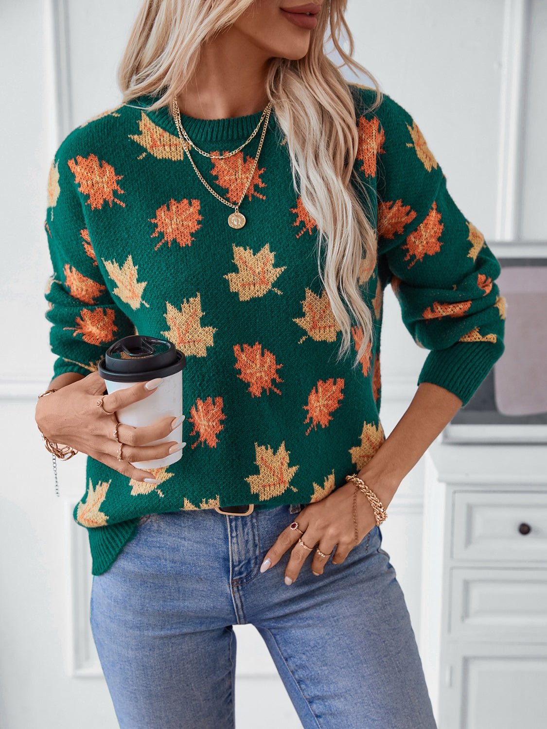 Maple Leaf Round Neck Long Sleeve Sweater - EMMY