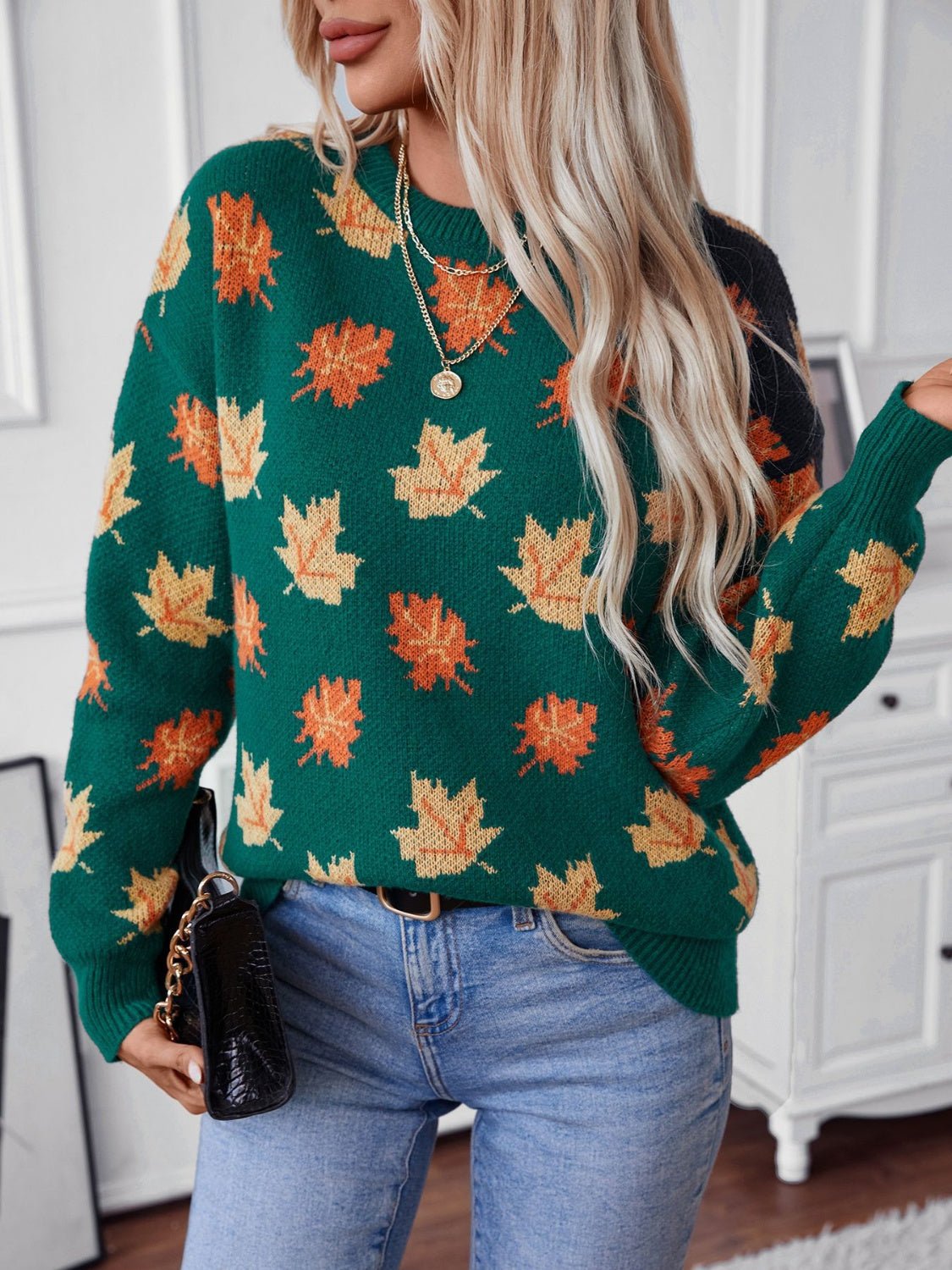 Maple Leaf Round Neck Long Sleeve Sweater - EMMY