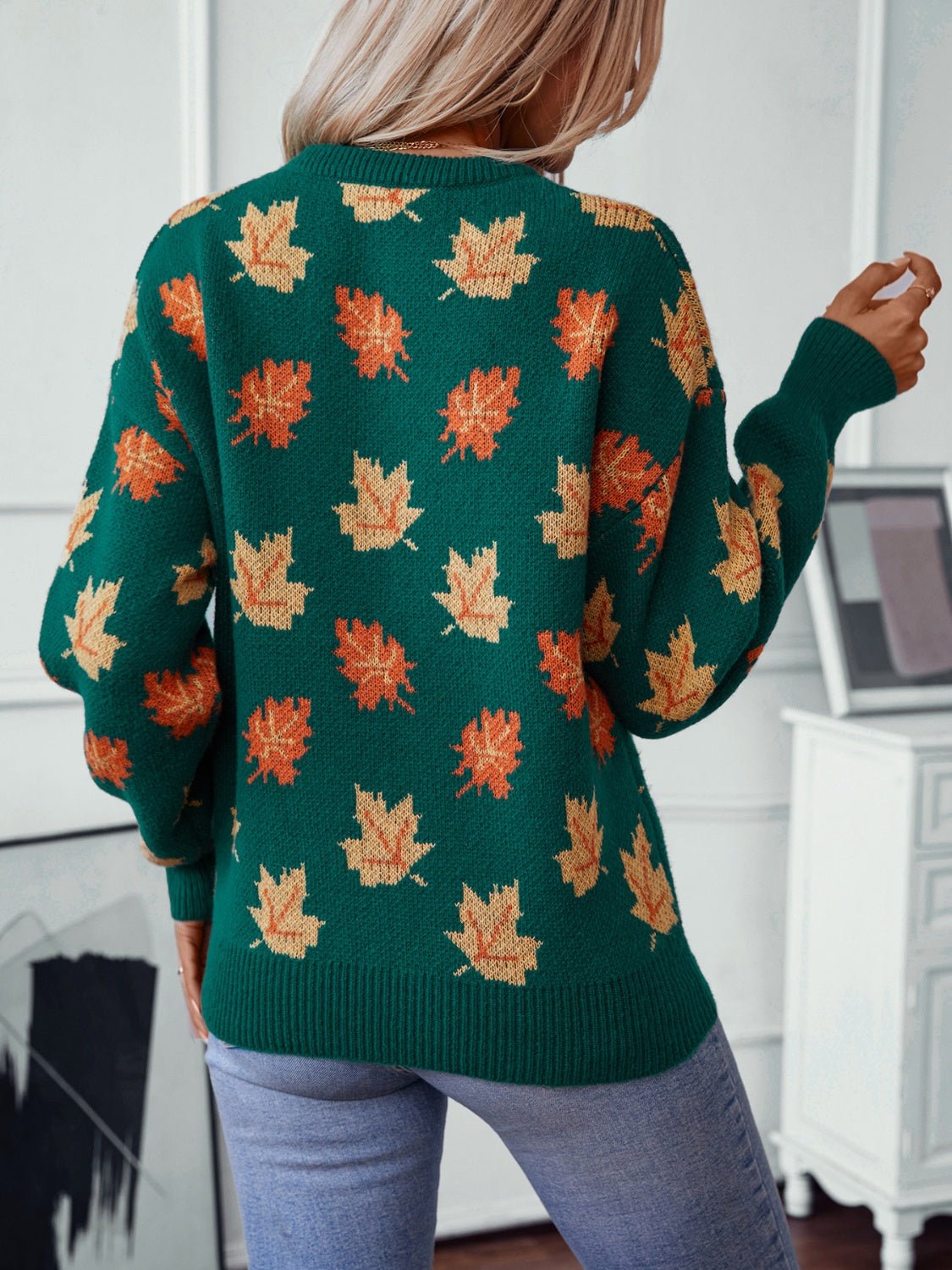 Maple Leaf Round Neck Long Sleeve Sweater - EMMY