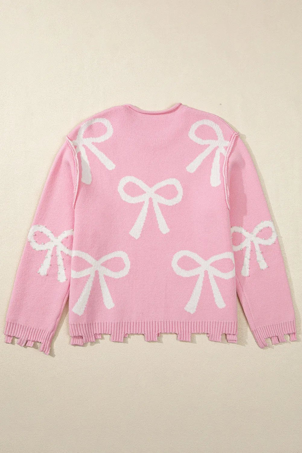 Pearl Detail Bow Round Neck Long Sleeve Sweater - EMMY