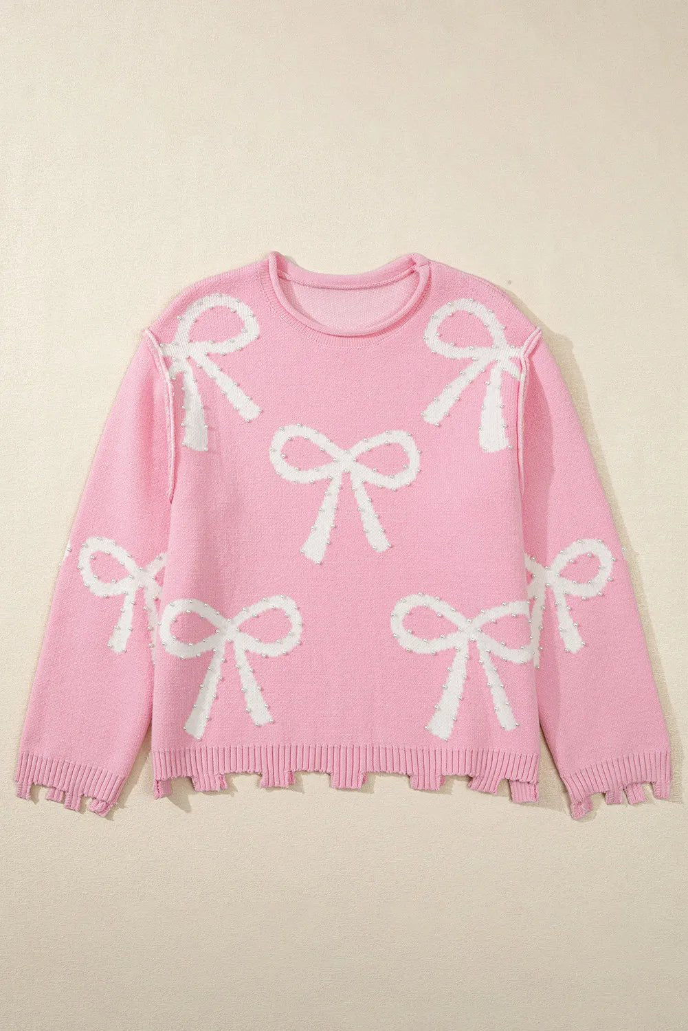 Pearl Detail Bow Round Neck Long Sleeve Sweater - EMMY