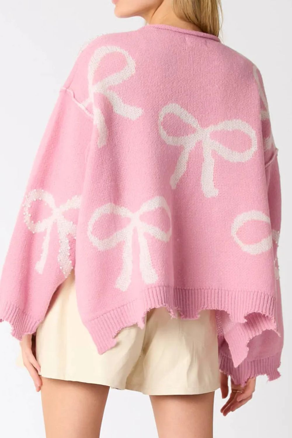 Pearl Detail Bow Round Neck Long Sleeve Sweater - EMMY