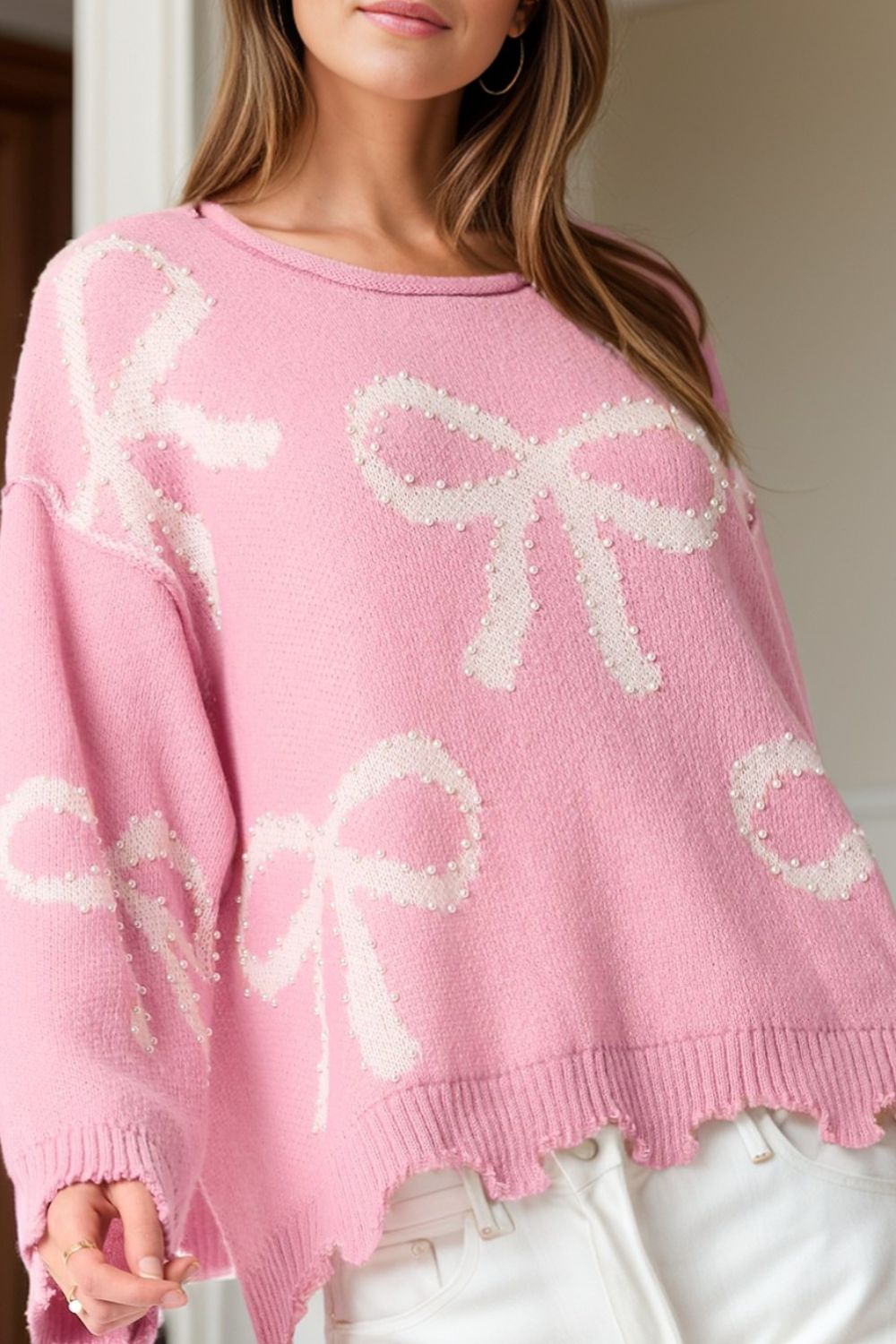 Pearl Detail Bow Round Neck Long Sleeve Sweater - EMMY