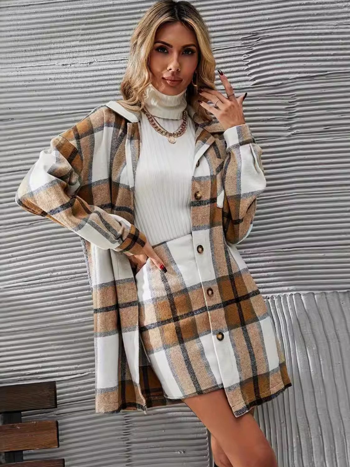 Plaid Button Up Long Sleeve Coat and Skirt Set - EMMY