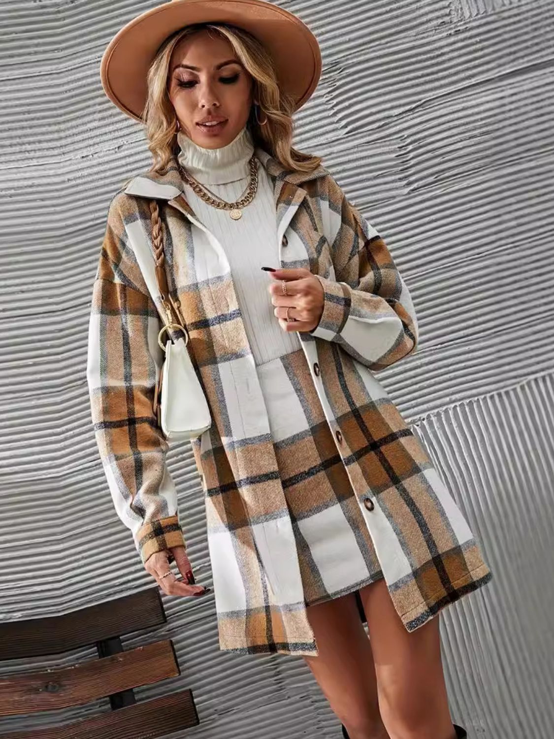 Plaid Button Up Long Sleeve Coat and Skirt Set - EMMY