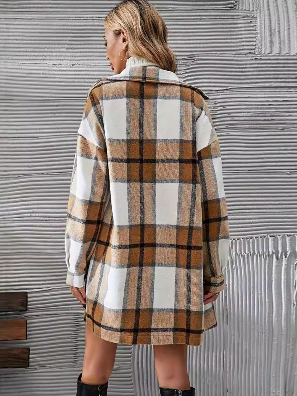 Plaid Button Up Long Sleeve Coat and Skirt Set - EMMY