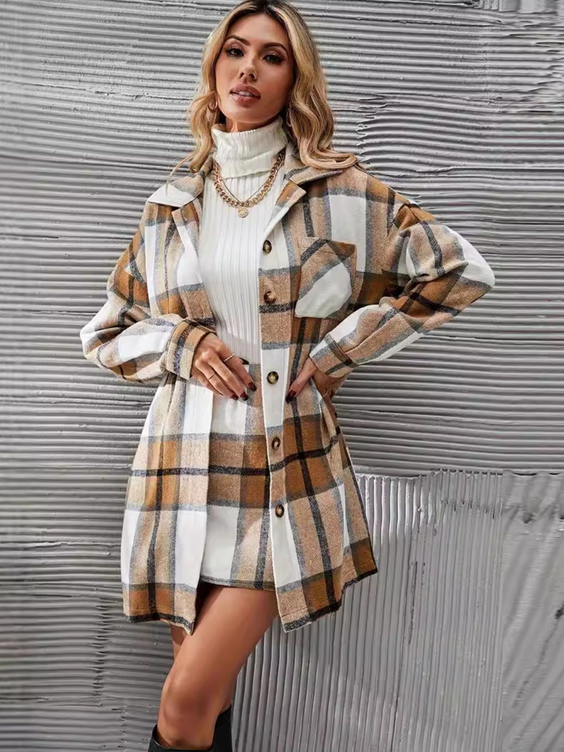 Plaid Button Up Long Sleeve Coat and Skirt Set - EMMY