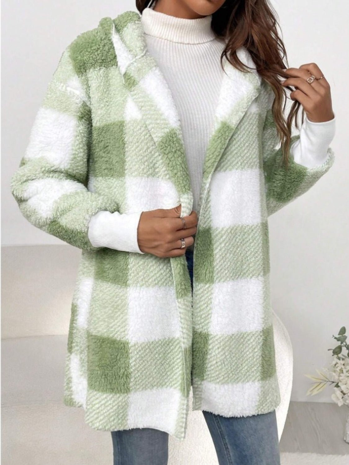 Plaid Long Sleeve Hooded Coat - EMMY