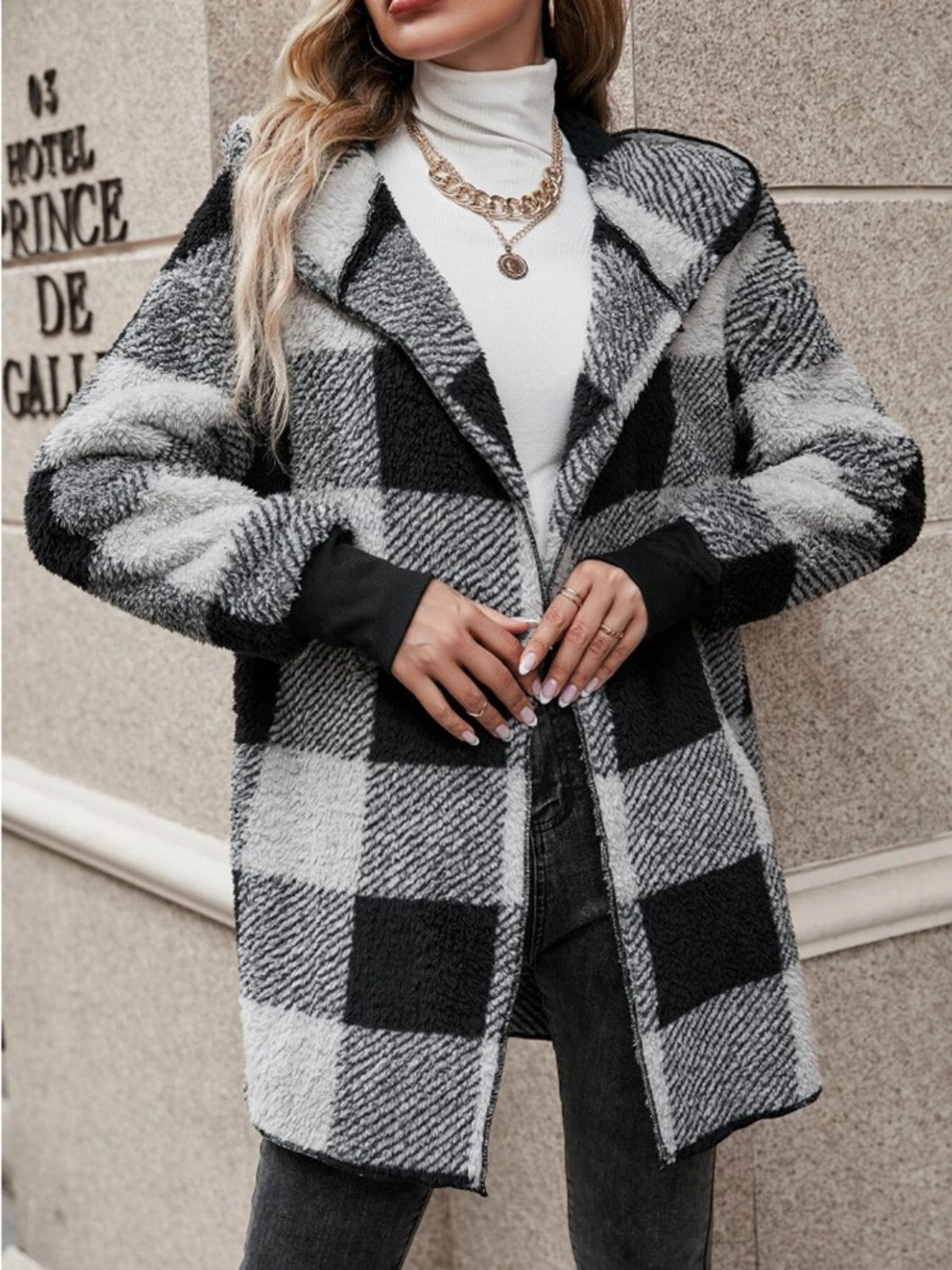 Plaid Long Sleeve Hooded Coat - EMMY