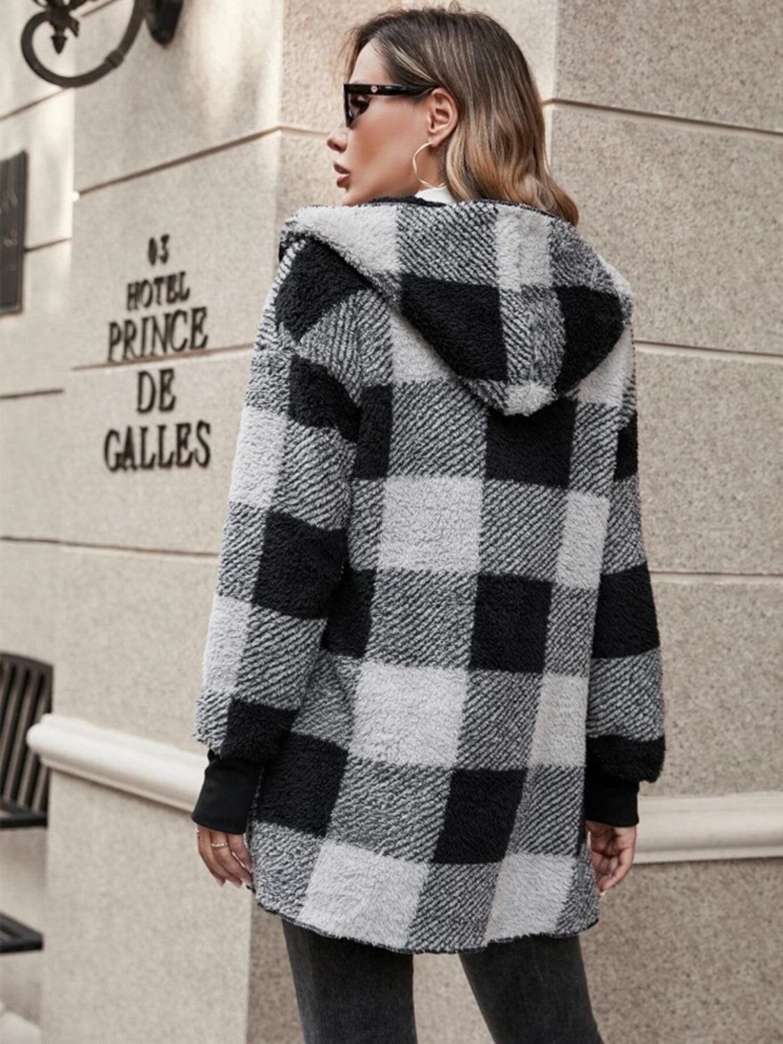 Plaid Long Sleeve Hooded Coat - EMMY