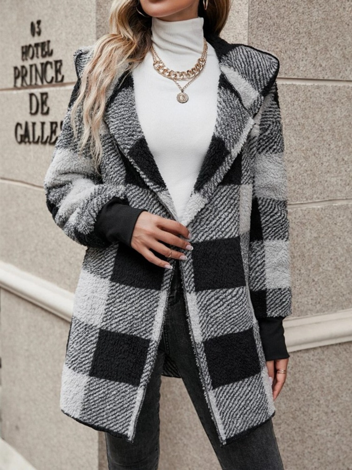 Plaid Long Sleeve Hooded Coat - EMMY