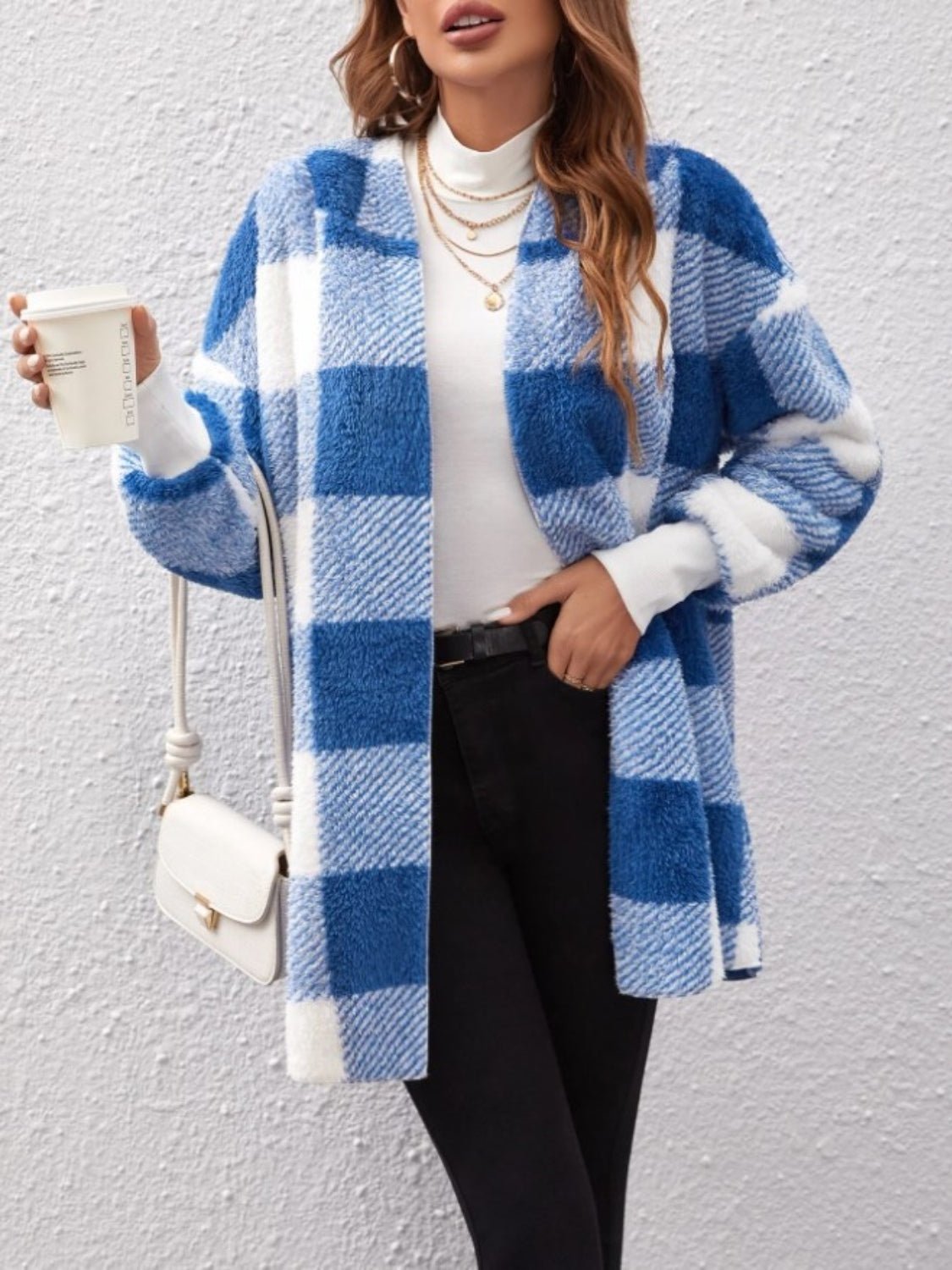 Plaid Long Sleeve Hooded Coat - EMMY