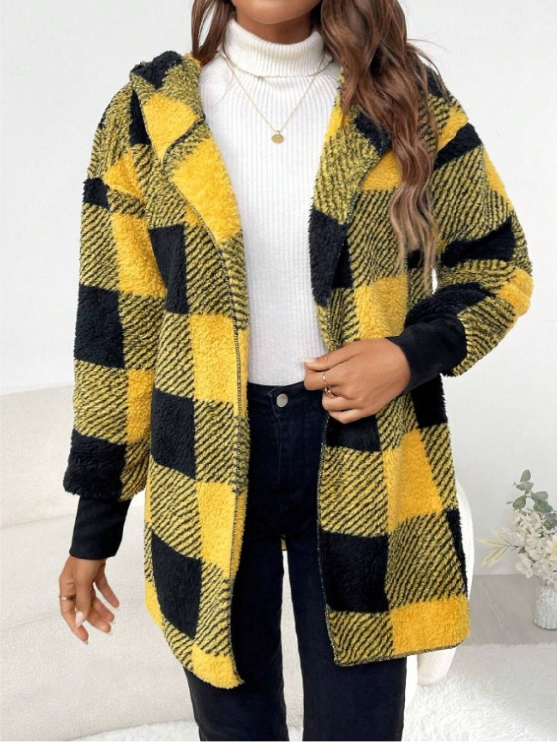 Plaid Long Sleeve Hooded Coat - EMMY