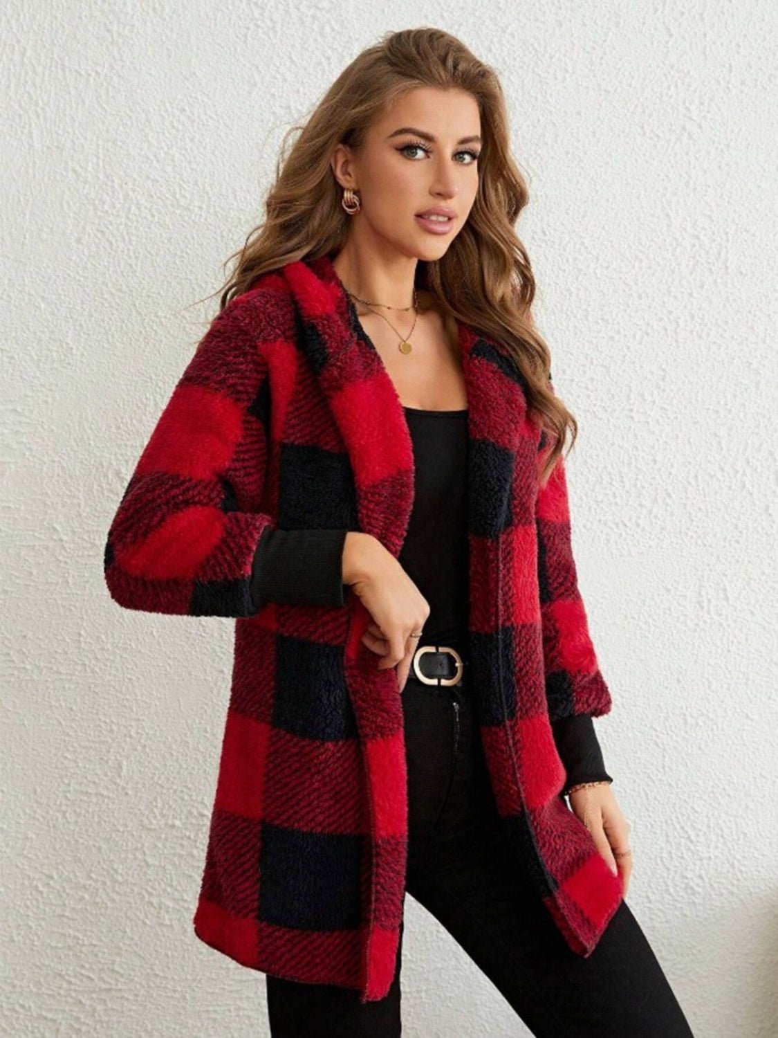 Plaid Long Sleeve Hooded Coat - EMMY