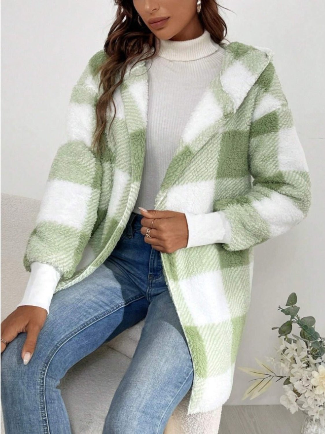 Plaid Long Sleeve Hooded Coat - EMMY