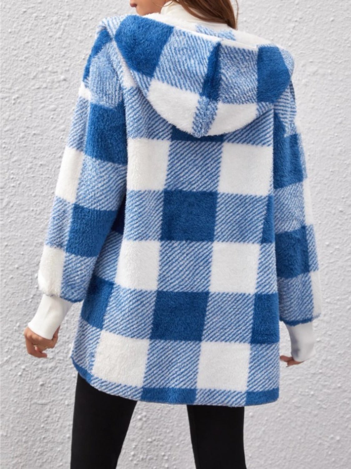 Plaid Long Sleeve Hooded Coat - EMMY