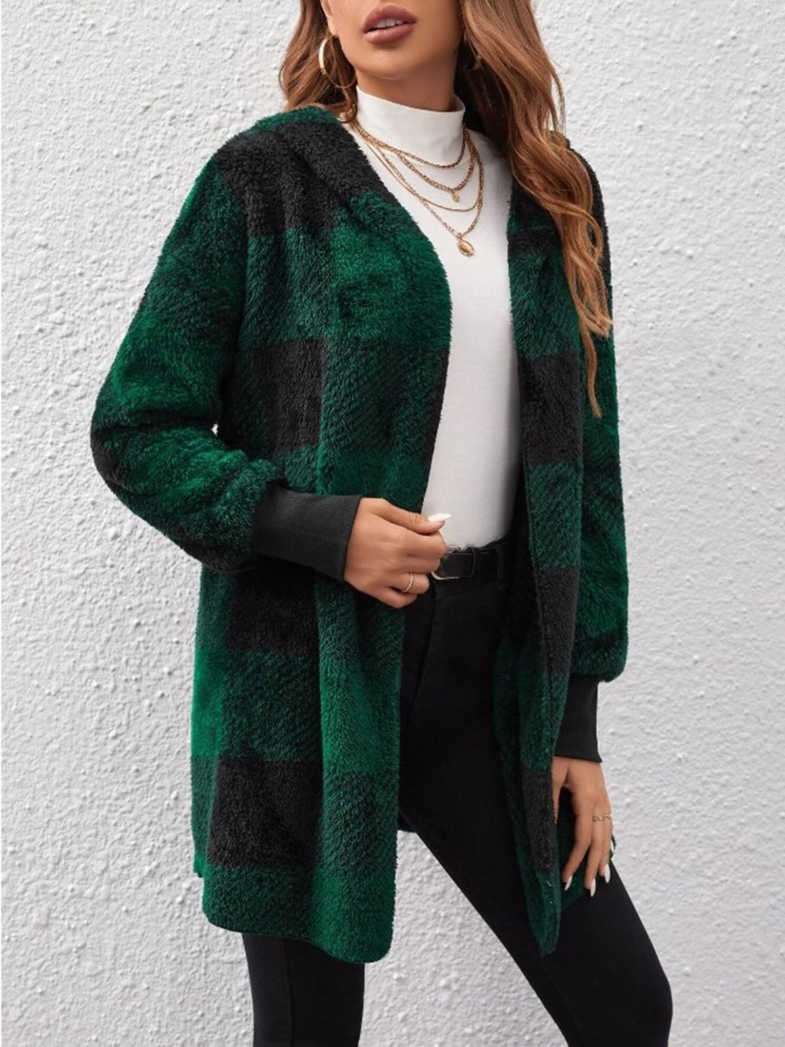 Plaid Long Sleeve Hooded Coat - EMMY