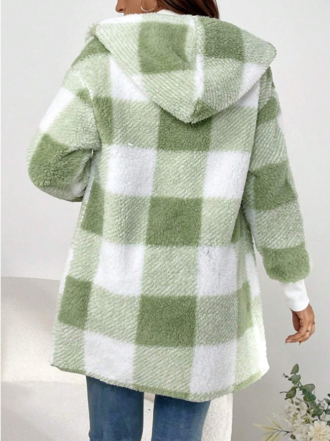 Plaid Long Sleeve Hooded Coat - EMMY