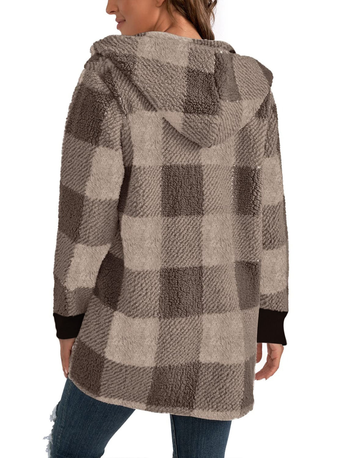 Plaid Long Sleeve Hooded Coat - EMMY